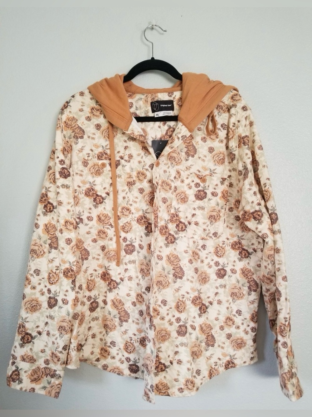 Men's Hooded Long Sleeve Button-Down Shirt - Original Use Khaki Floral Print L